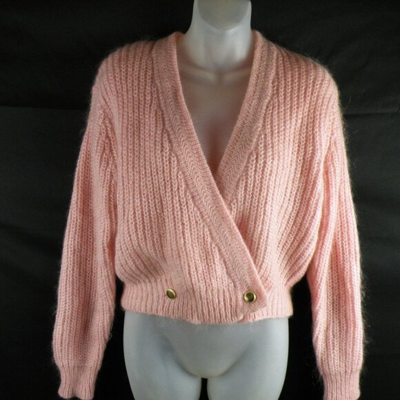 80s SK & Company Mohair Blend Crossover 2 Button Knit Cropped Cardigan Sweater M - Picture 1 of 5